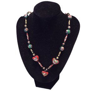 Multicolored Cloisonné Beaded Necklace w/ Heart Shaped Pendant Bead
